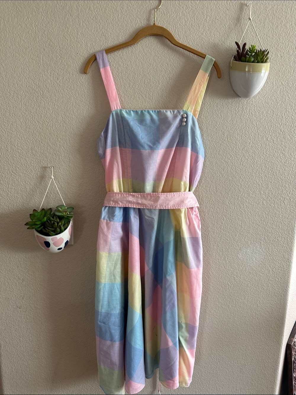 Vintage 70s 80s Plaid Pastel Button Novelty Cotton Sundress Belt Plus Size Large